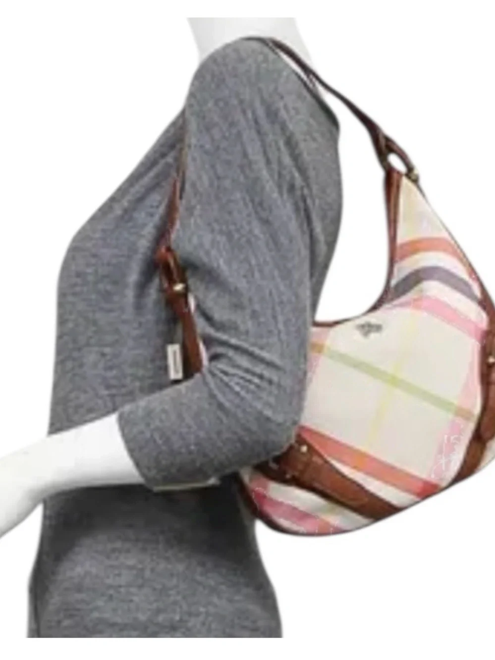 Burberry Pastel Plaid Canvas Shoulder Bag with Brown Leather Trim